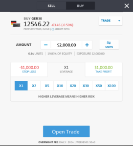 eToro orderfönster – anpassa investering, hävstång, stop loss och take profit vid handel med GER30-index. Perfekt för riskhantering och strategioptimering.