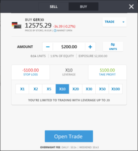 eToro orderfönster – ställ in handelsbelopp, hävstång, stop loss och take profit vid köp av GER30-index. Enkel och flexibel tradingupplevelse.