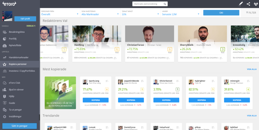 eToro Copy Trading – översikt över de mest kopierade investerarna med avkastningsstatistik och risknivåer. Smidig funktion för social trading.