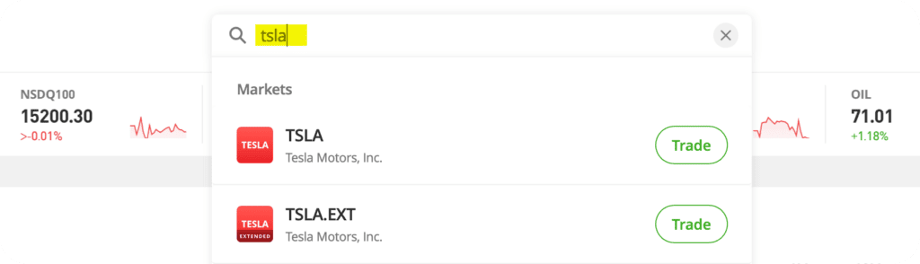 Sökresultat på eToro visar Tesla-aktien (TSLA) och TSLA.EXT för handel under förlängda öppettider, inklusive pre-market och after-hours trading.