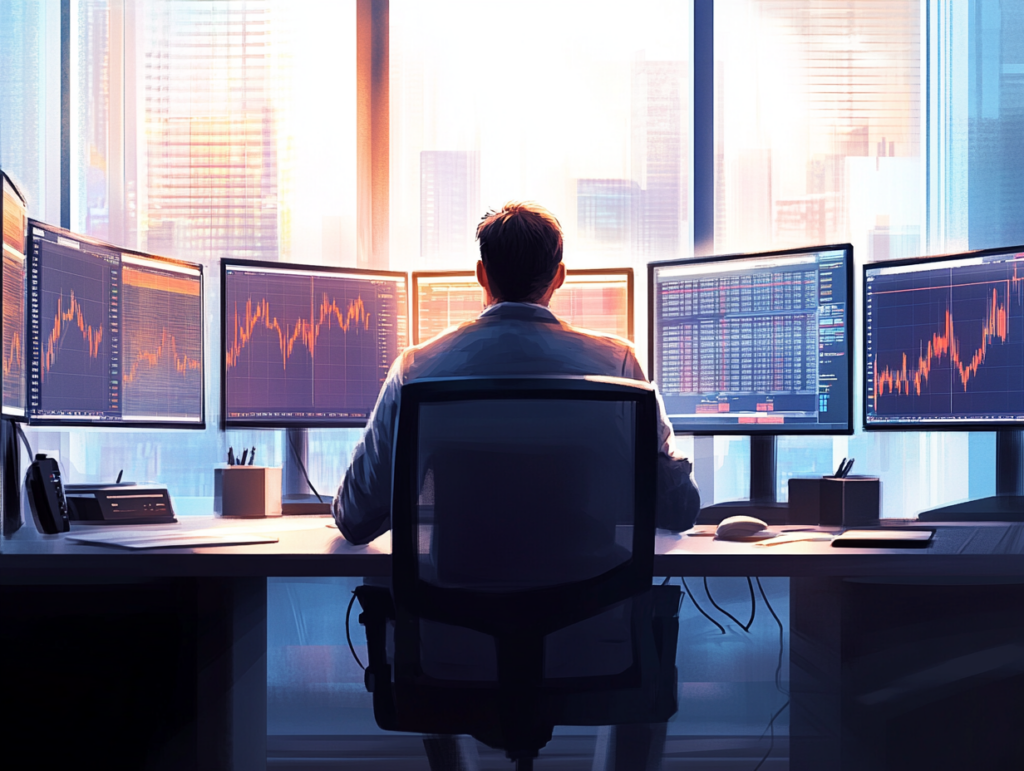 Trader övervakar marknadsrörelser på flera skärmar under pre-market-handel, analyserar kursutveckling och nyhetsflöden innan börsen öppnar.