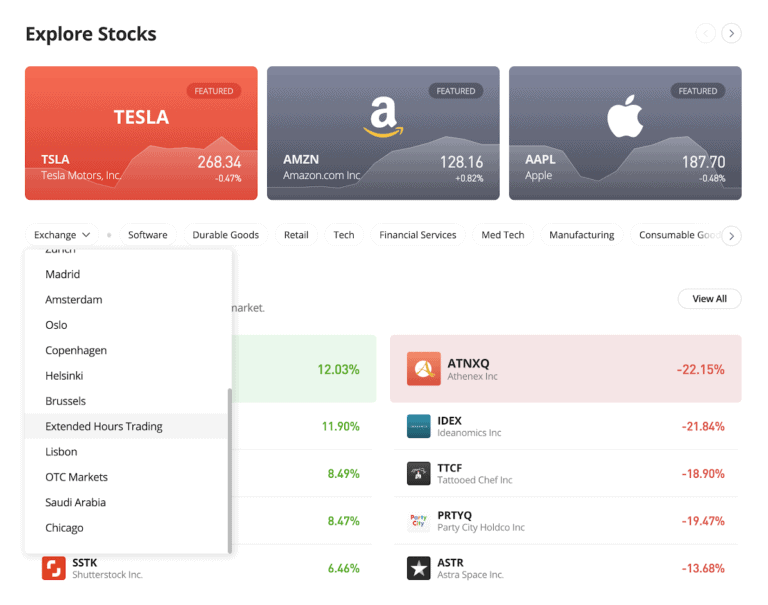 eToro handelsplattform visar aktier som Tesla, Amazon och Apple, med en filtreringsmeny för 'Extended Hours Trading', vilket möjliggör pre-market och after-hours handel.