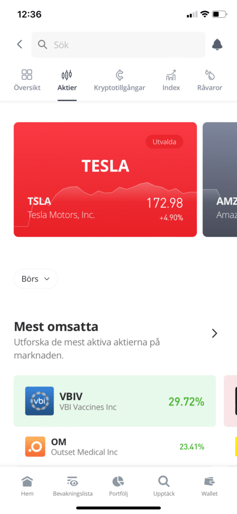eToro mobilapp – översikt över marknader med populära aktier som Tesla. Smidig och intuitiv plattform för handel och investeringsmöjligheter.