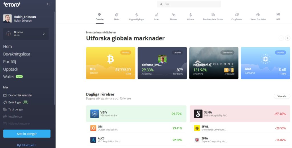 eToro handelsplattform – översikt över globala marknader, investeringsmöjligheter och dagliga kursrörelser. Användarvänligt gränssnitt för aktier, kryptovalutor och CFD-handel.